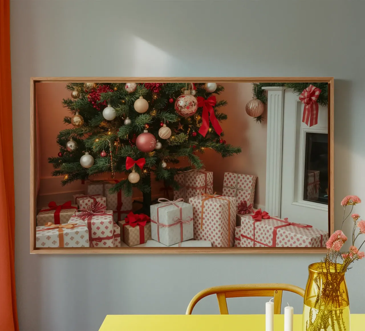 Festeggiare il Natale con un albero splendidamente decorato tela con Cornice a cassetta da DesignDoodle