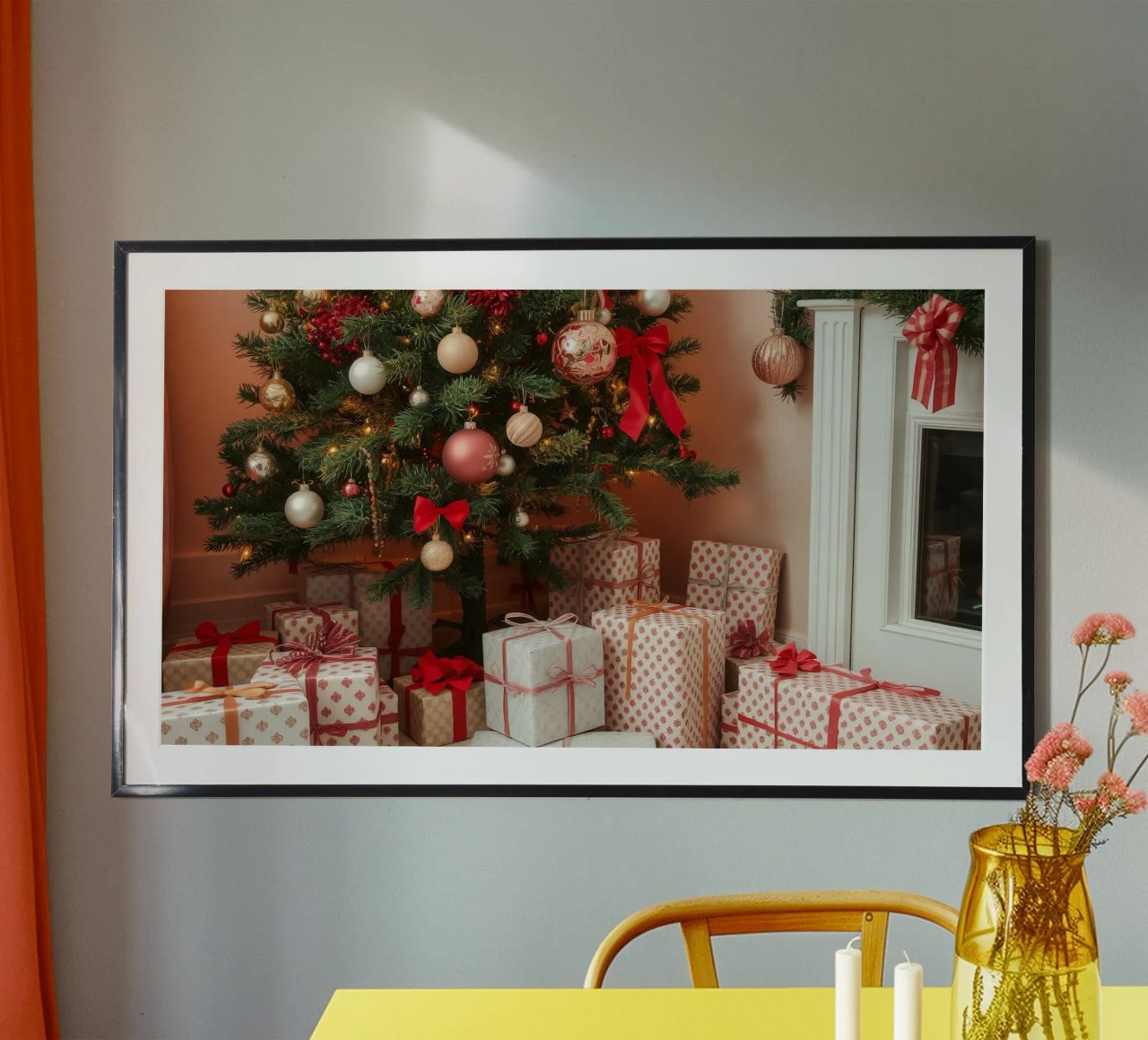 Kerst vieren met een prachtig versierde boom poster met aluminium frame van DesignDoodle