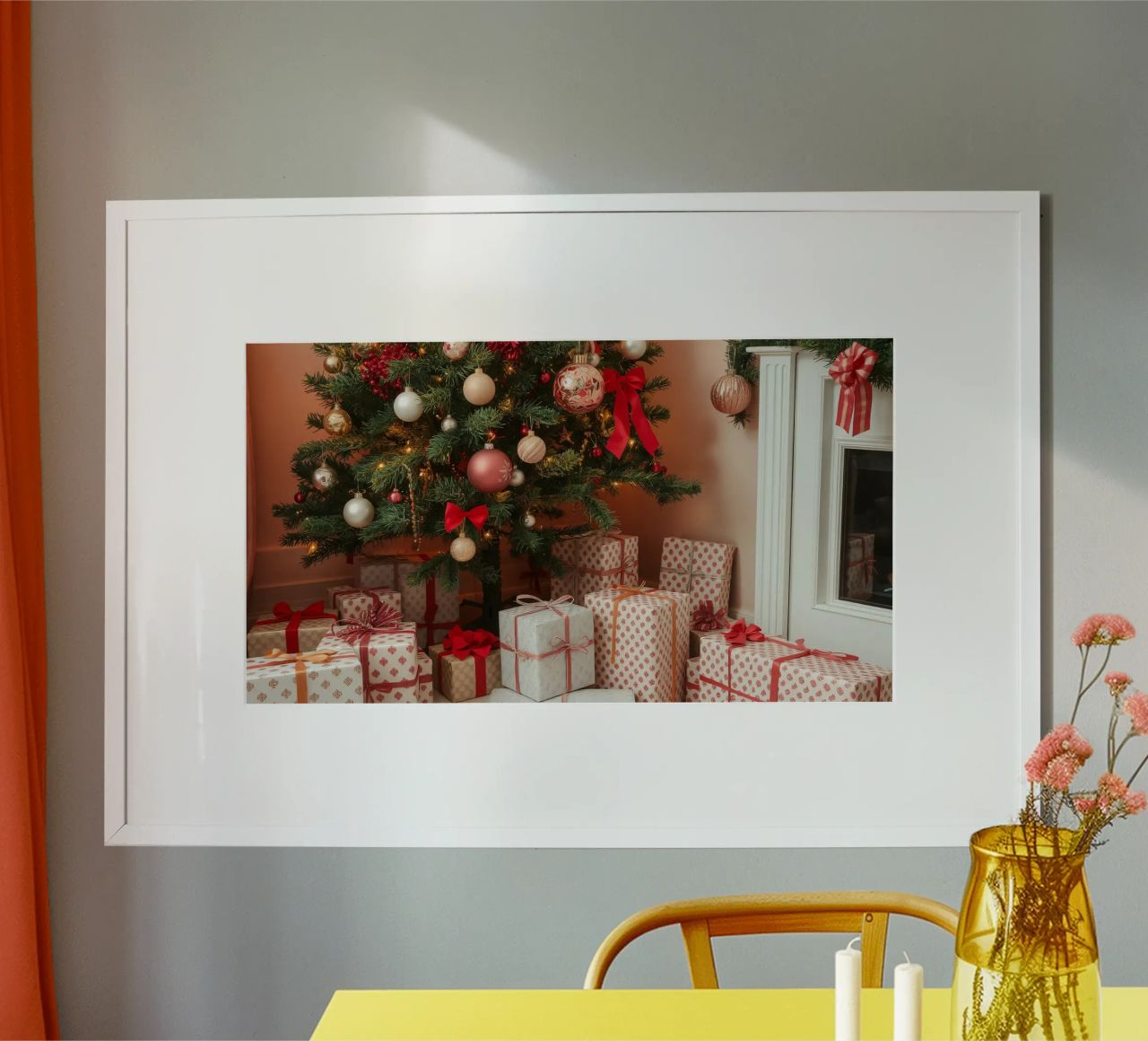 Kerst vieren met een prachtig versierde boom poster met aluminium frame van DesignDoodle
