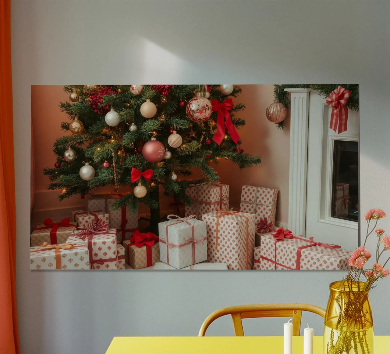 Kerst vieren met een prachtig versierde boom poster met aluminium frame van DesignDoodle