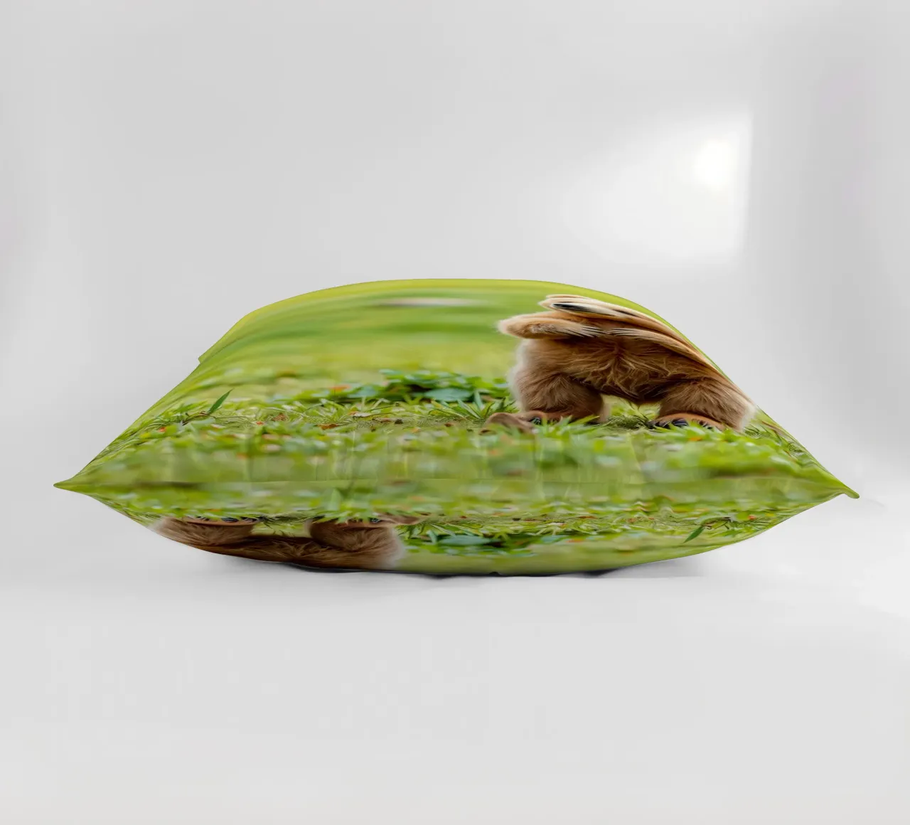 Un tenero cucciolo di orso bruno si regge su due zampe in un campo verde e rigoglioso cuscino da DesignDoodle