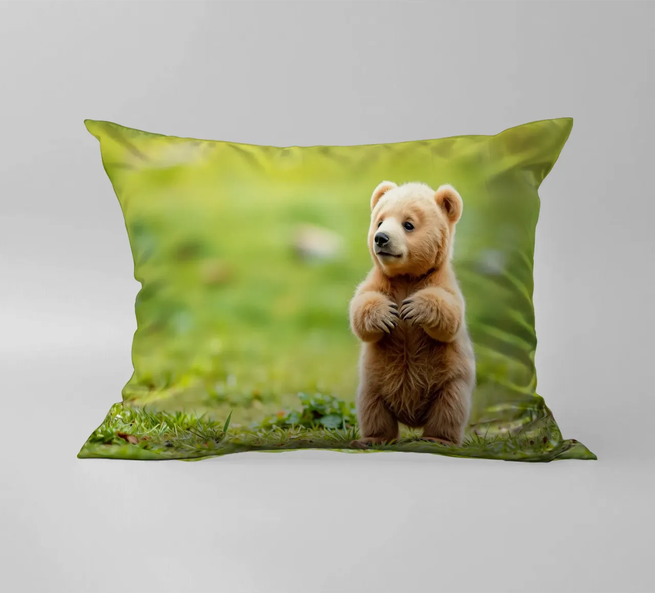 Un tenero cucciolo di orso bruno si regge su due zampe in un campo verde e rigoglioso cuscino da DesignDoodle