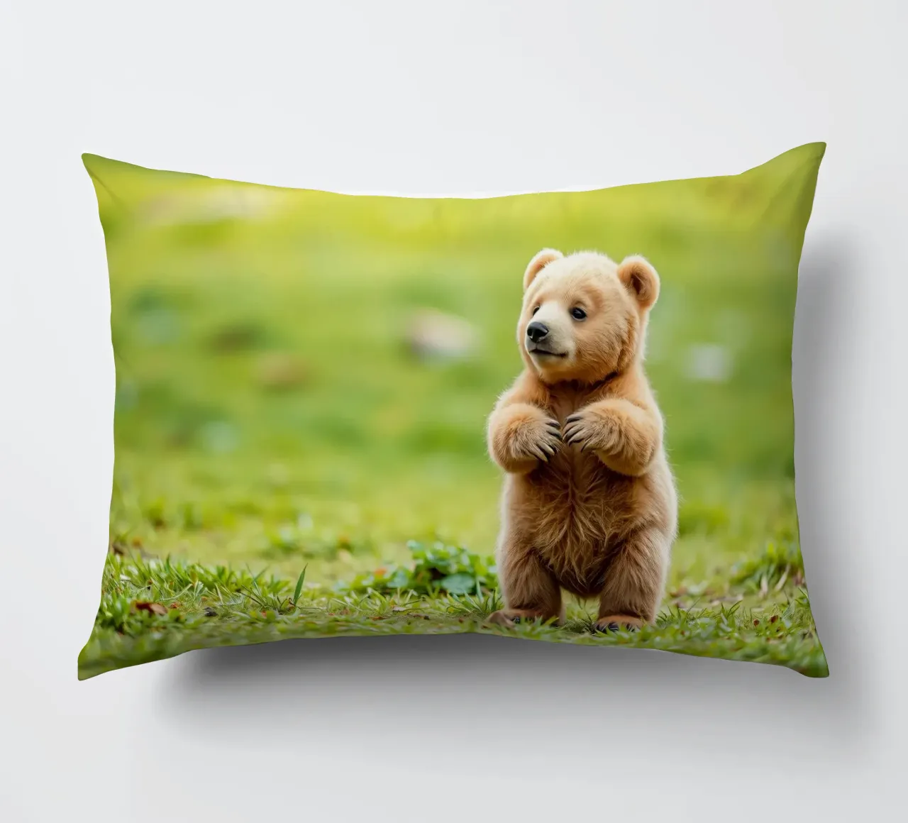 Un tenero cucciolo di orso bruno si regge su due zampe in un campo verde e rigoglioso cuscino da DesignDoodle