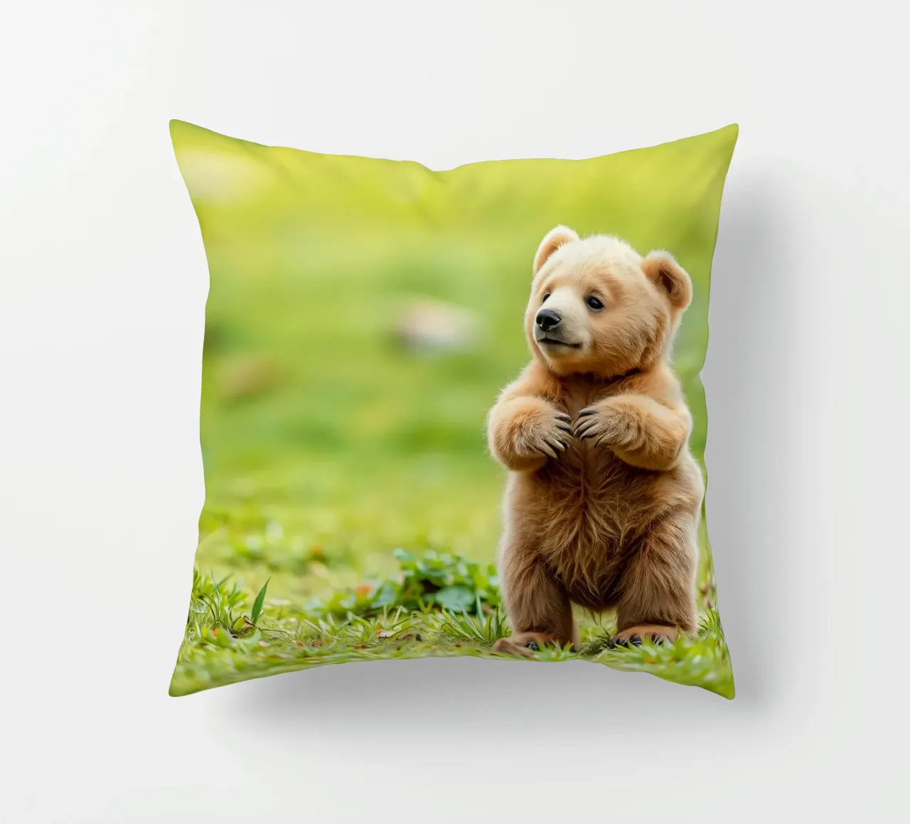 Un tenero cucciolo di orso bruno si regge su due zampe in un campo verde e rigoglioso cuscino da DesignDoodle