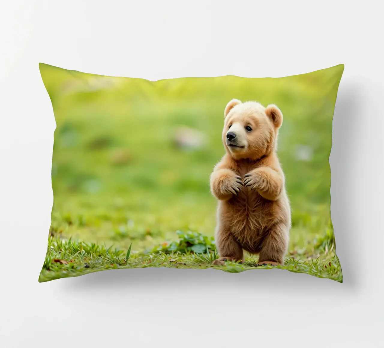 Un tenero cucciolo di orso bruno si regge su due zampe in un campo verde e rigoglioso cuscino da DesignDoodle