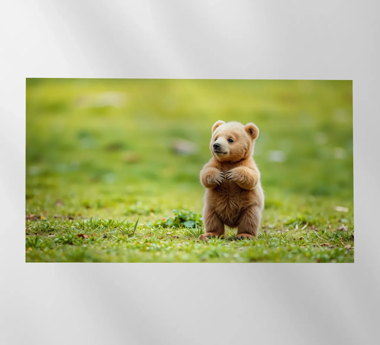Un tenero cucciolo di orso bruno si regge su due zampe in un campo verde e rigoglioso pellicola backlit da DesignDoodle