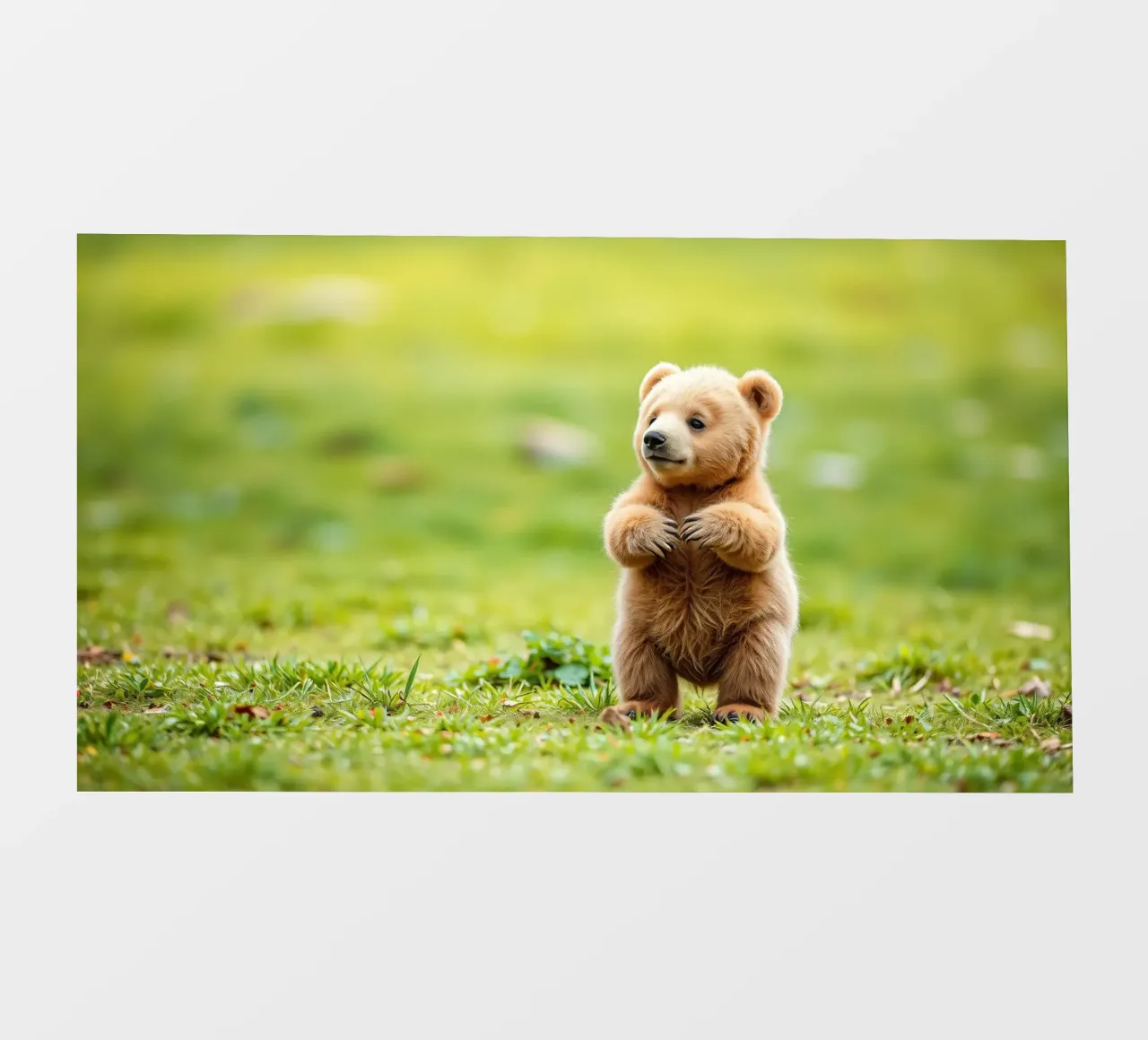 Un tenero cucciolo di orso bruno si regge su due zampe in un campo verde e rigoglioso pellicola backlit da DesignDoodle