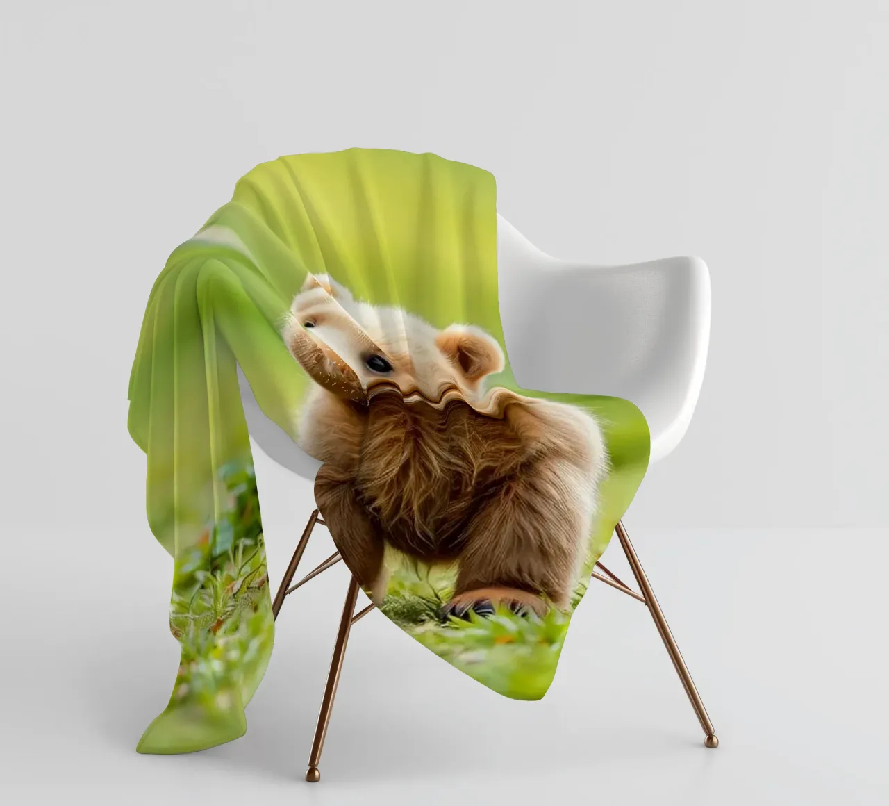 Un tenero cucciolo di orso bruno si regge su due zampe in un campo verde e rigoglioso coperta in pile da DesignDoodle