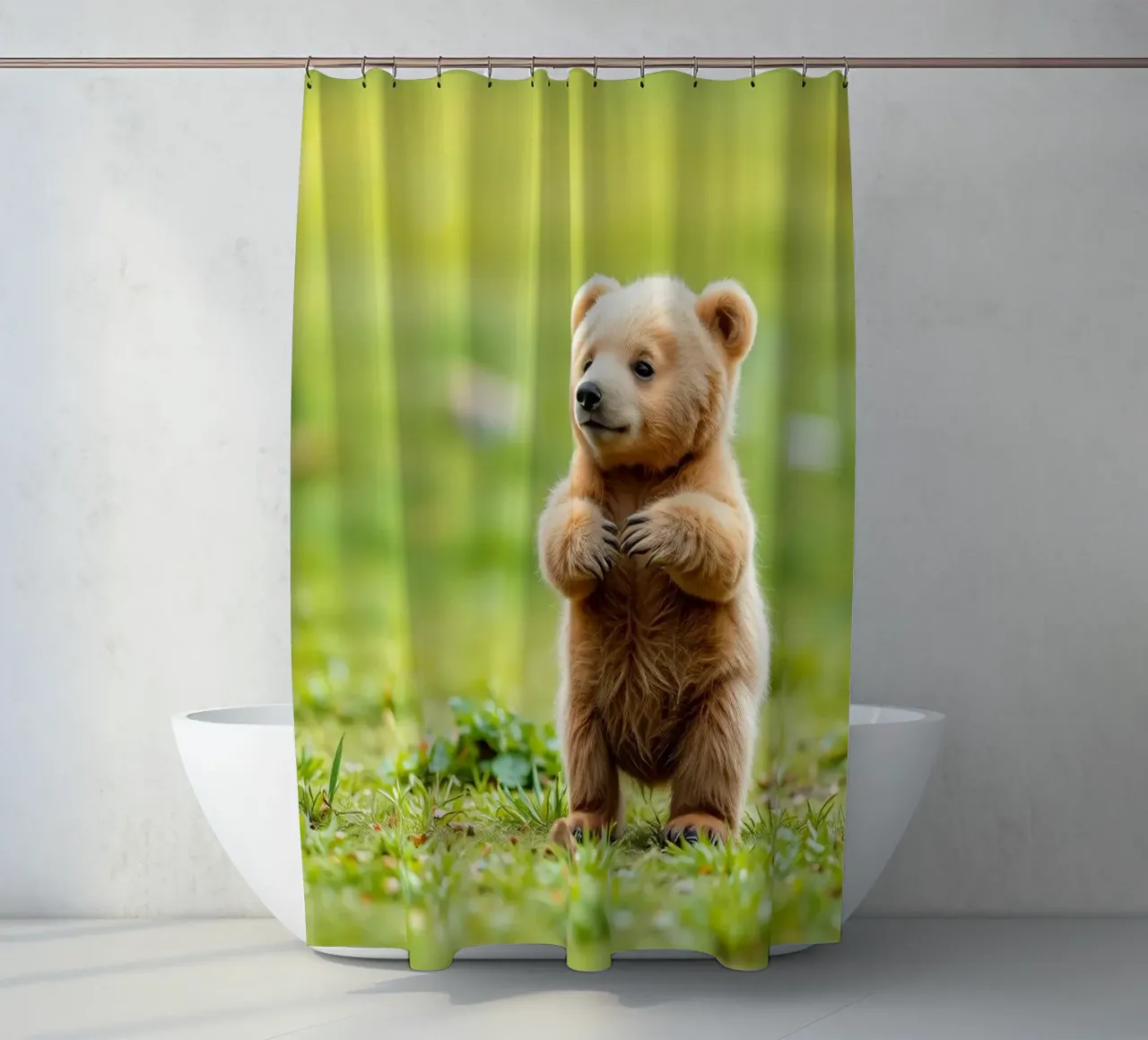 Un tenero cucciolo di orso bruno si regge su due zampe in un campo verde e rigoglioso tenda da doccia da DesignDoodle