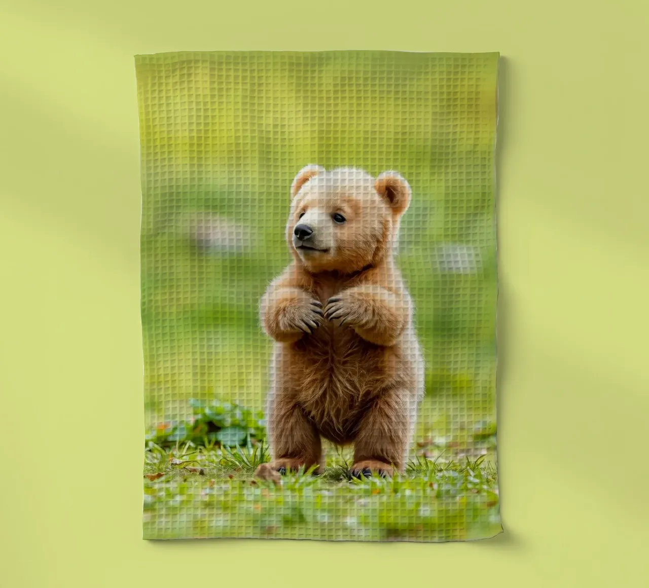 Un tenero cucciolo di orso bruno si regge su due zampe in un campo verde e rigoglioso canovaccio da cucina da DesignDoodle