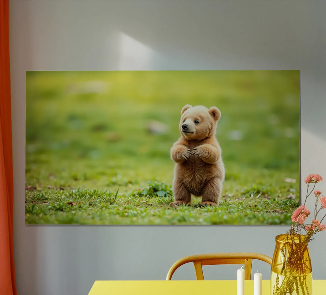 Un tenero cucciolo di orso bruno si regge su due zampe in un campo verde e rigoglioso carta hahnemühle da DesignDoodle