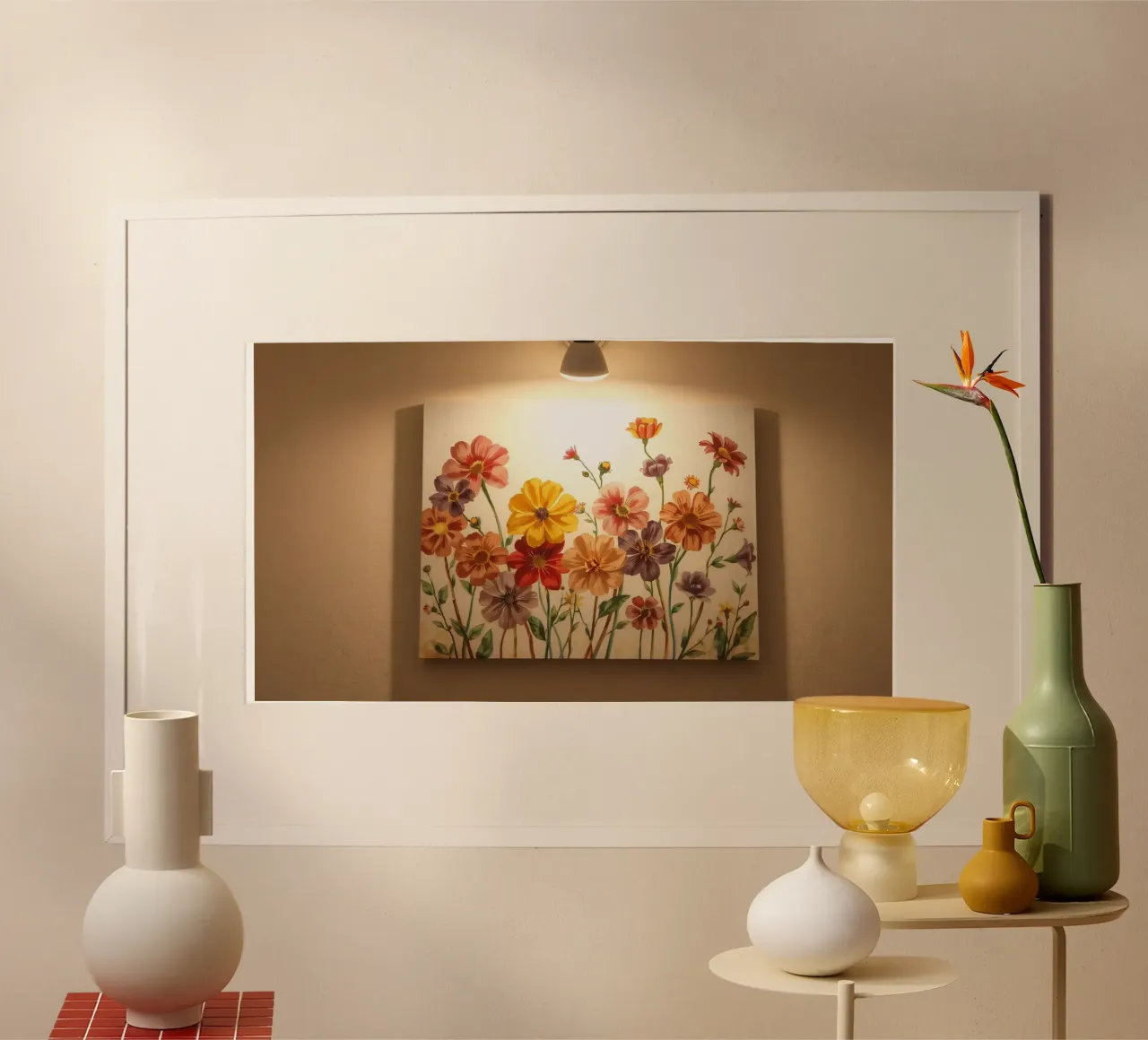 Vibrant floral artwork displayed on a wall poster with wooden frame by DesignDoodle
