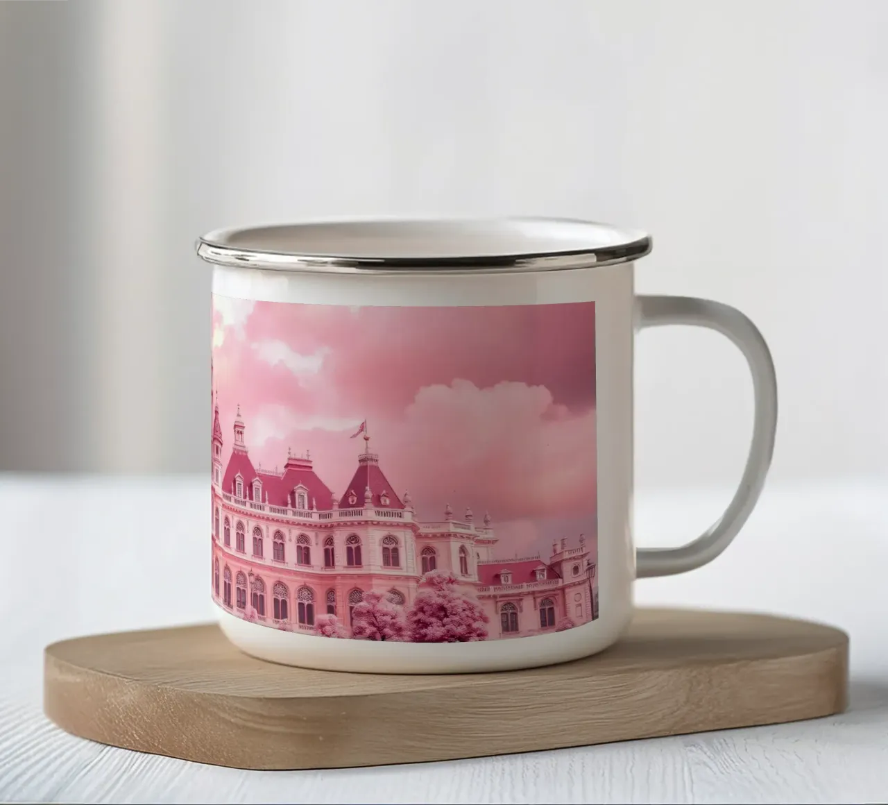 Incantevole palazzo circondato da fiori rosa tazza in smalto da DesignDoodle
