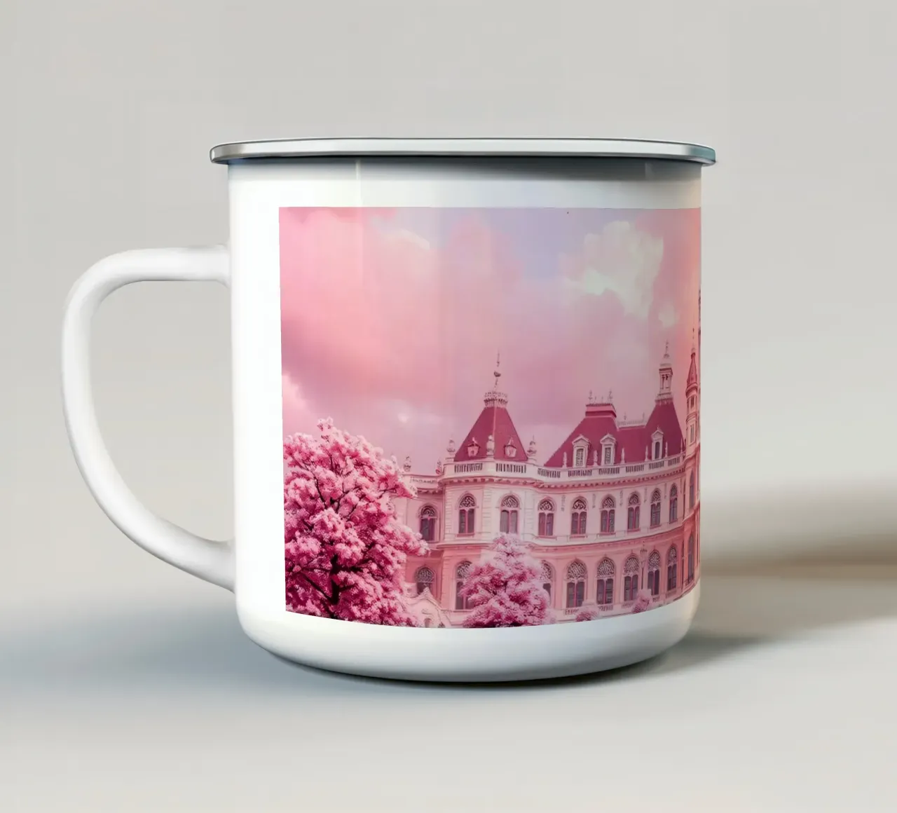 Incantevole palazzo circondato da fiori rosa tazza in smalto da DesignDoodle