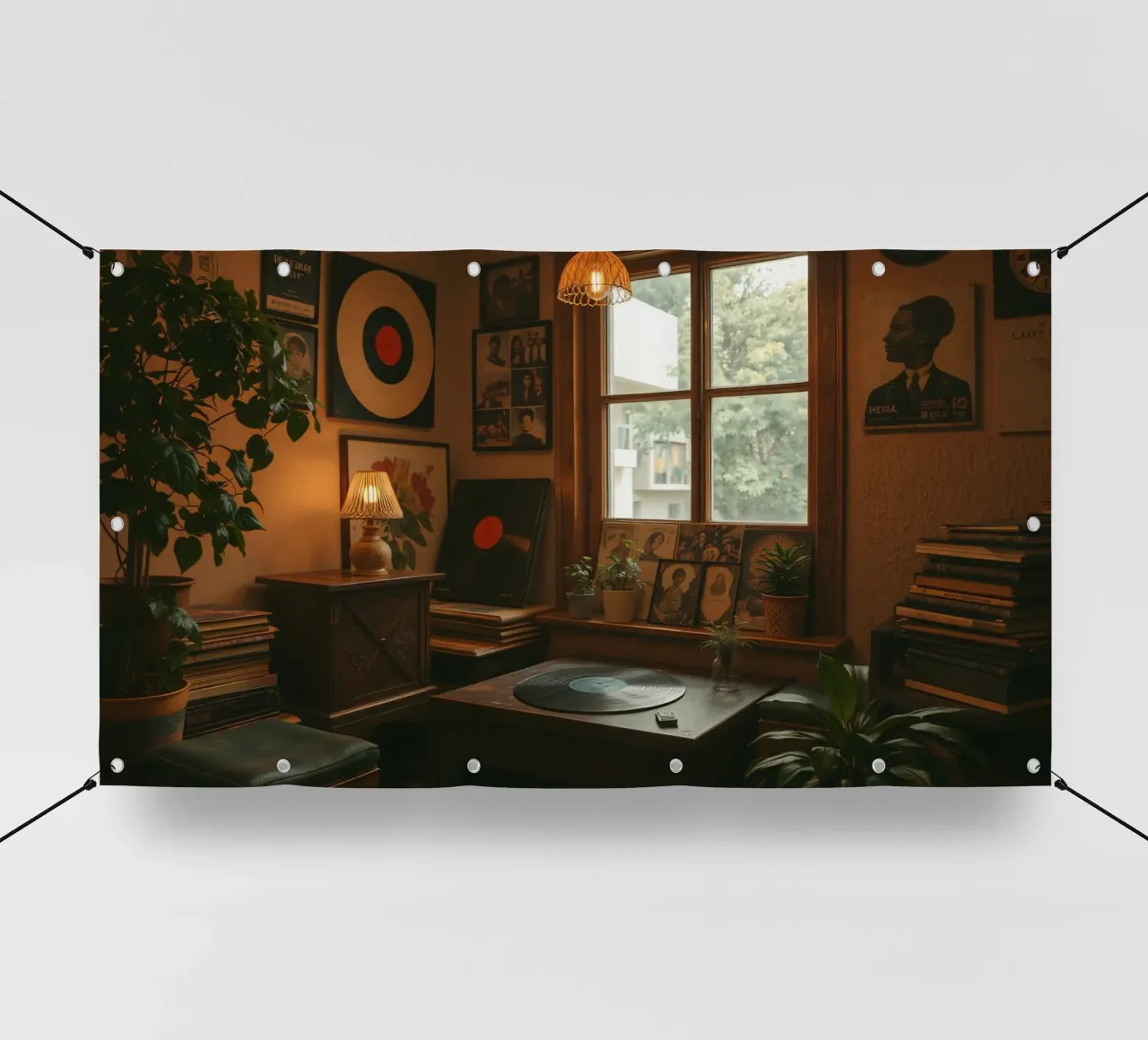 Interior design vintage con dischi e piante telo in pvc da DesignDoodle