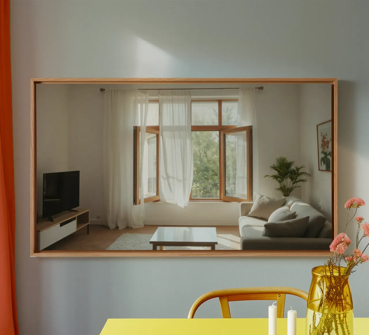 Gezellige woonkamer met grote ramen en zacht natuurlijk licht canvas met Baklijst van DesignDoodle
