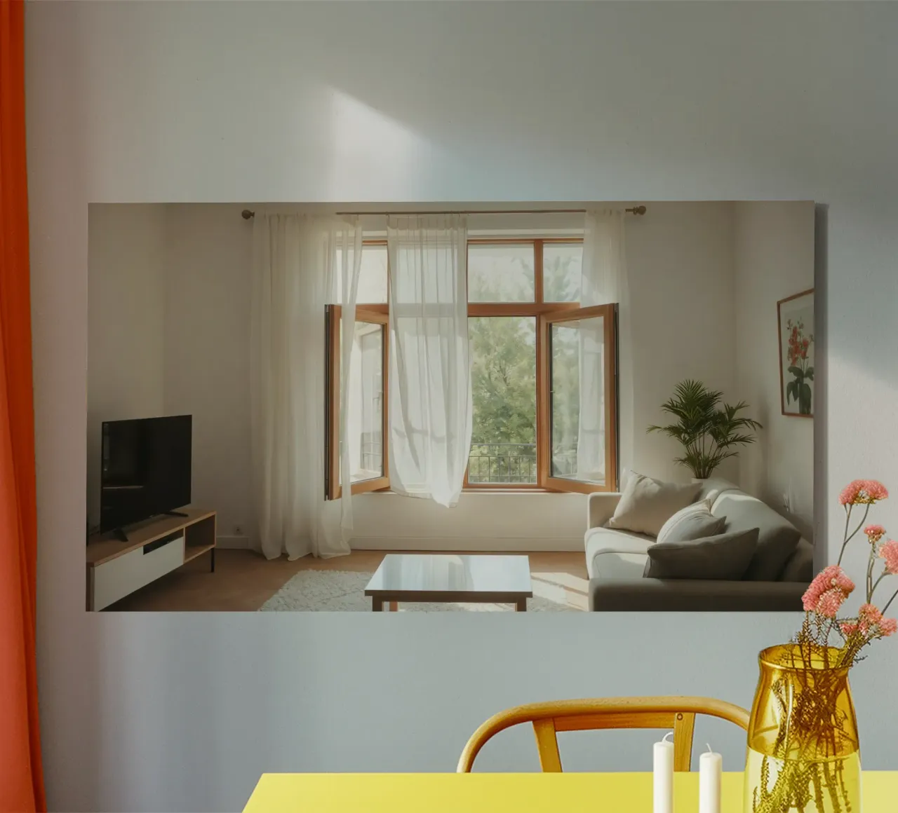 Gezellige woonkamer met grote ramen en zacht natuurlijk licht canvas met Baklijst van DesignDoodle