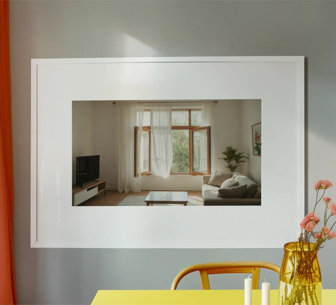Salon confortable avec de grandes fenêtres et une douce lumière naturelle poster avec cadre en plastique de DesignDoodle