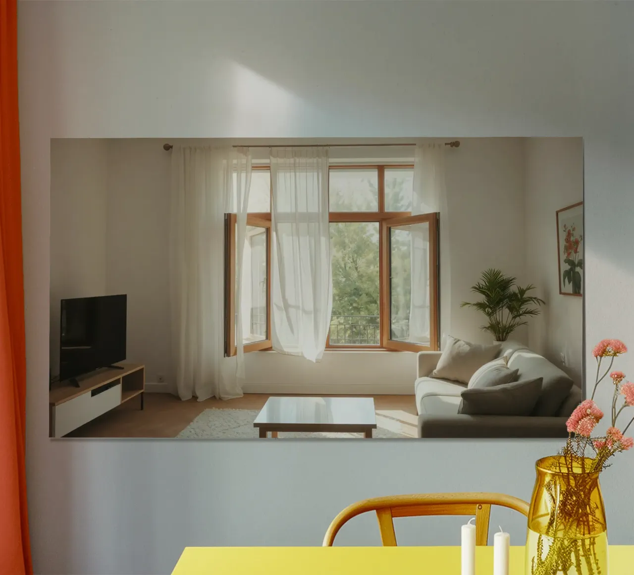 Salon confortable avec de grandes fenêtres et une douce lumière naturelle poster avec cadre en plastique de DesignDoodle
