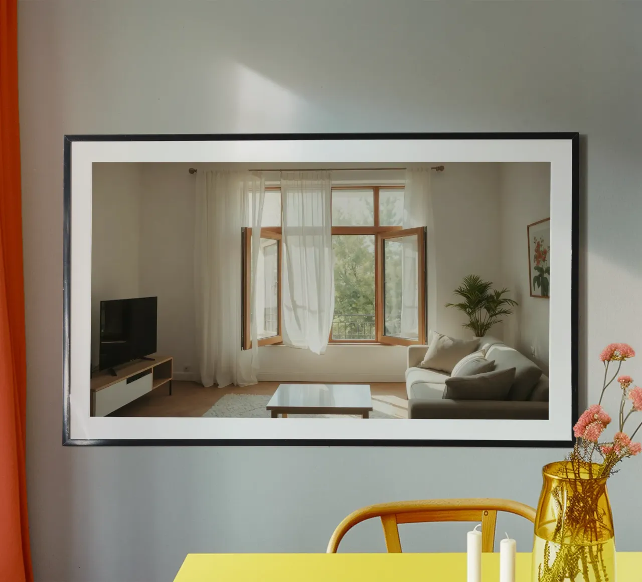 Salon confortable avec de grandes fenêtres et une douce lumière naturelle poster avec cadre en plastique de DesignDoodle
