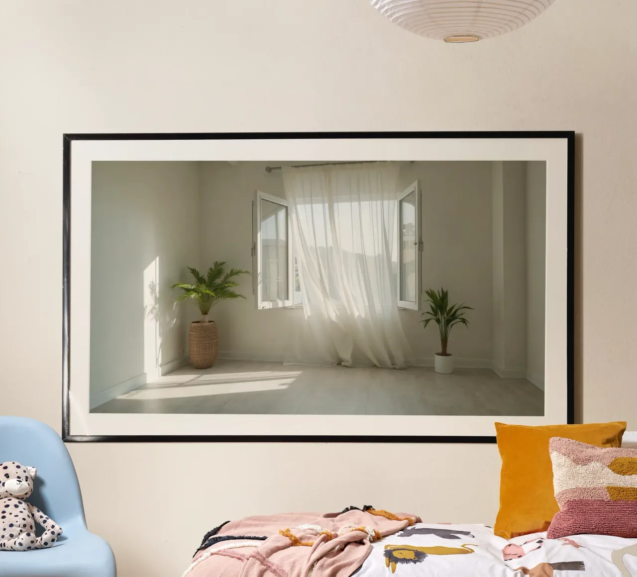 La luce del sole filtra attraverso le finestre aperte in una stanza luminosa poster da DesignDoodle