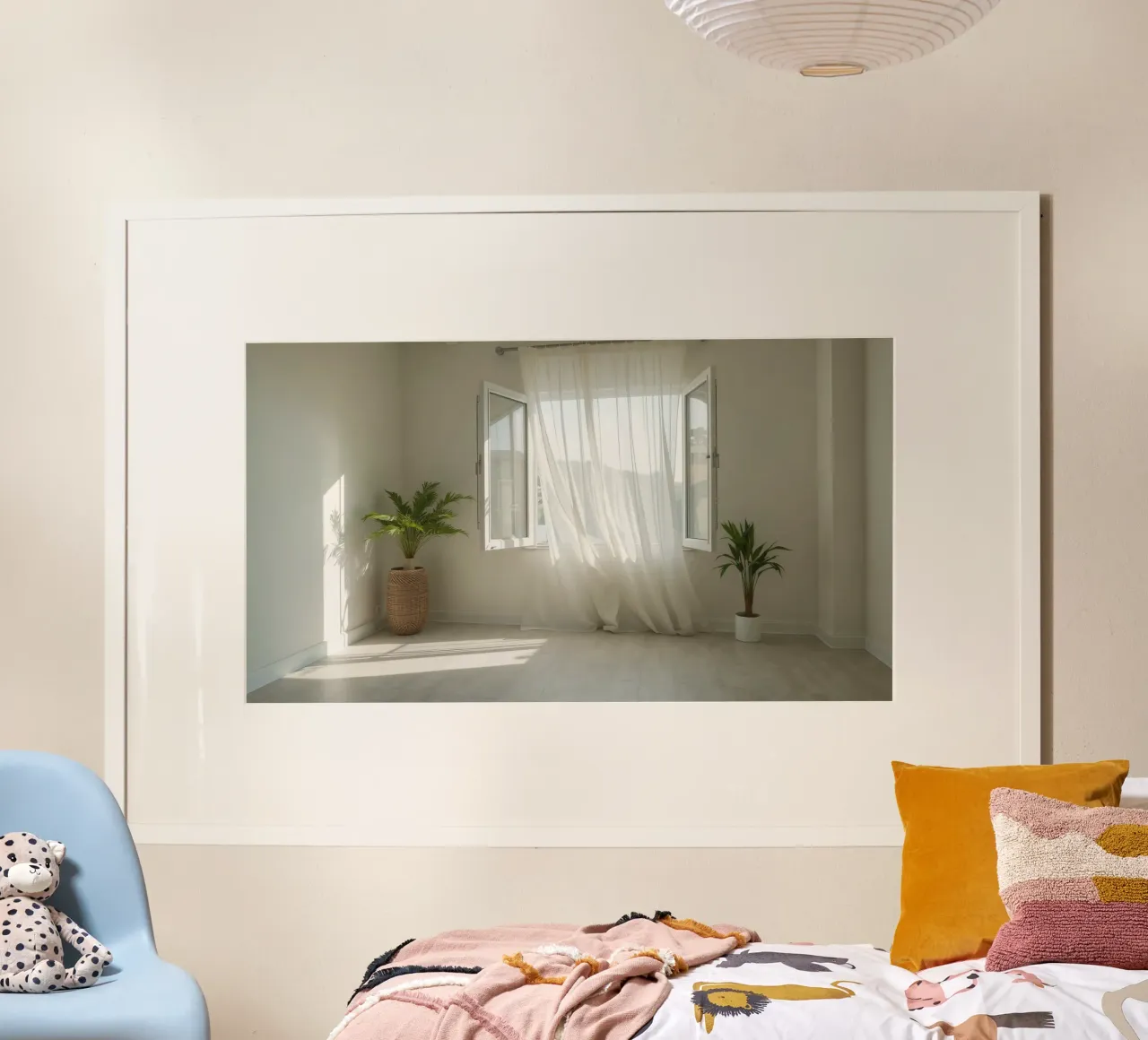 La luce del sole filtra attraverso le finestre aperte in una stanza luminosa poster da DesignDoodle