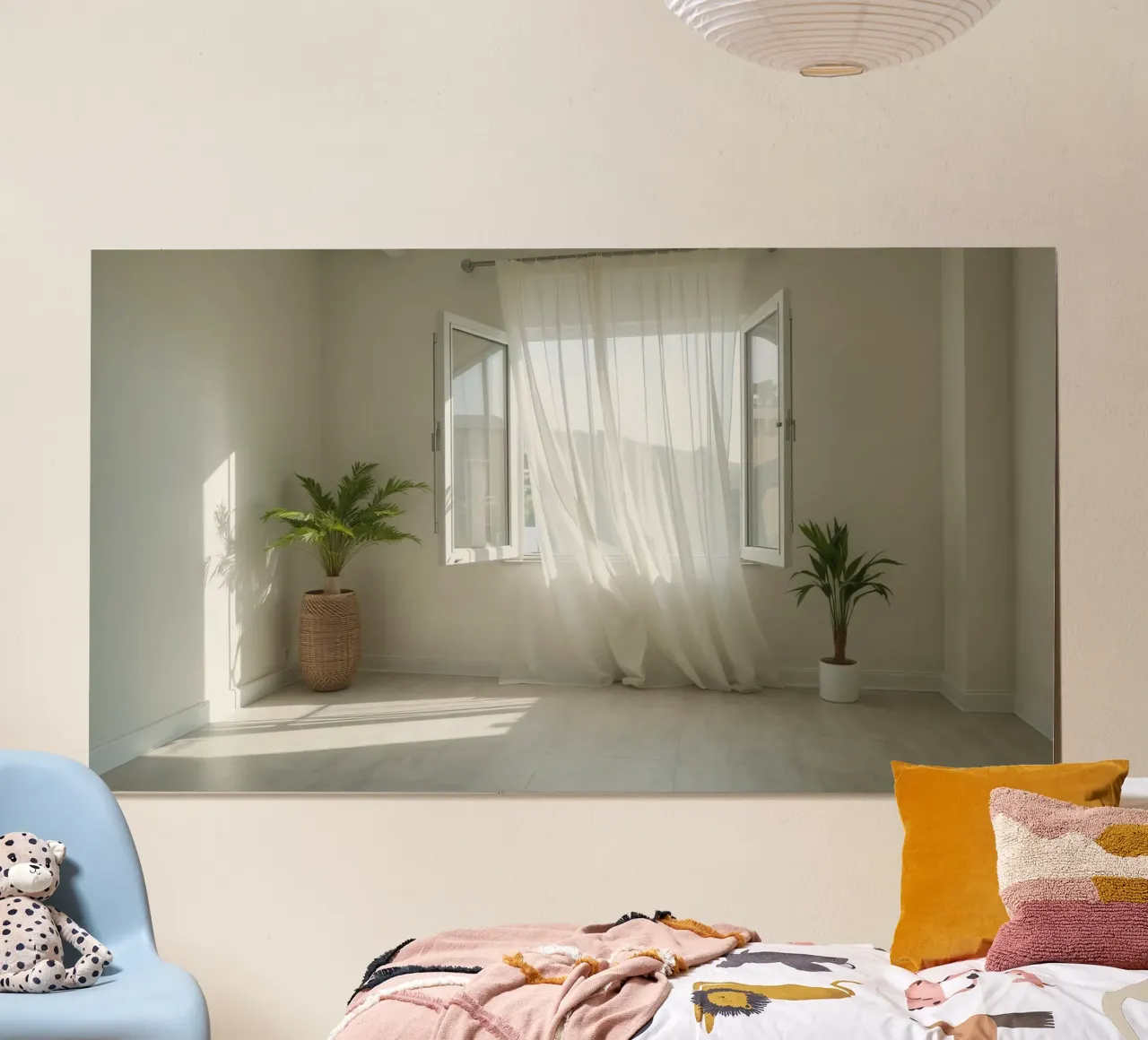 La luce del sole filtra attraverso le finestre aperte in una stanza luminosa poster da DesignDoodle