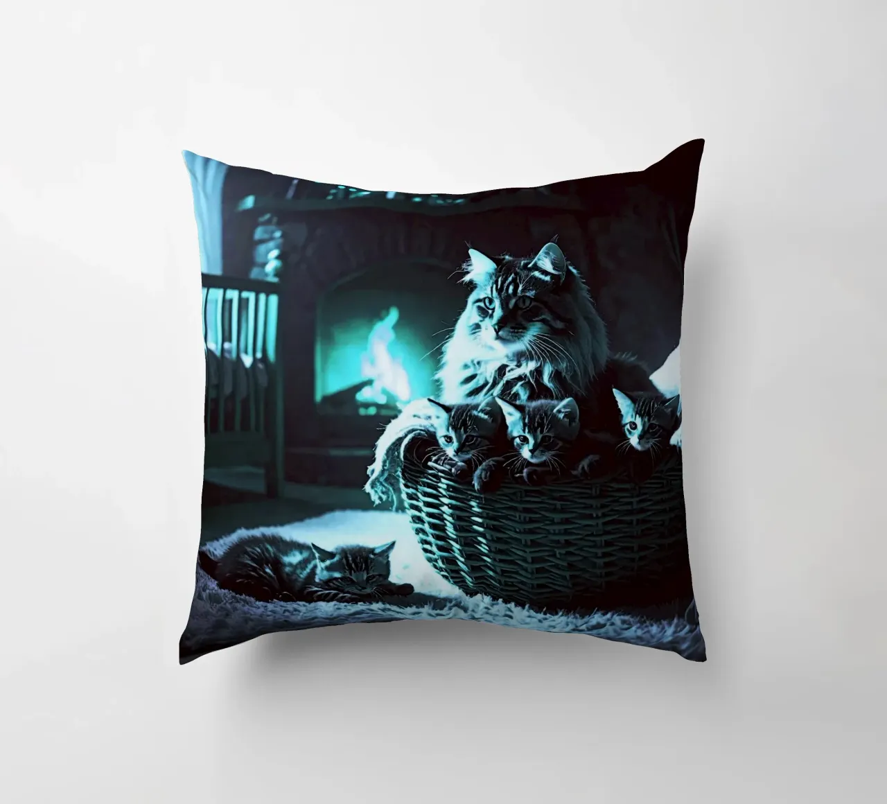 CHATTE ET QUATRE CHATONS. Bleu cuscino da Thierry vobmann photography