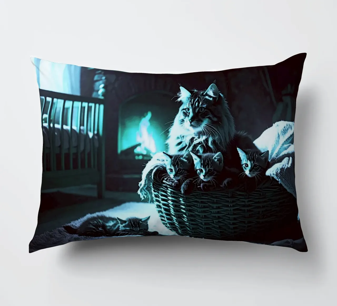 CHATTE ET QUATRE CHATONS. Bleu cuscino da Thierry vobmann photography