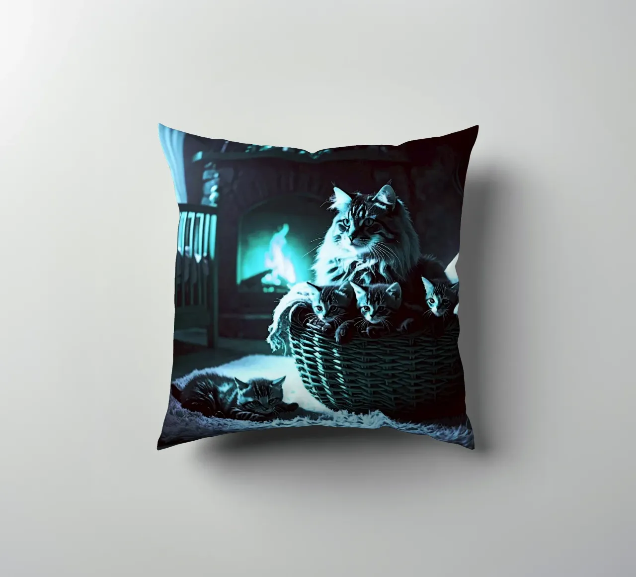CHATTE ET QUATRE CHATONS. Bleu cuscino da Thierry vobmann photography
