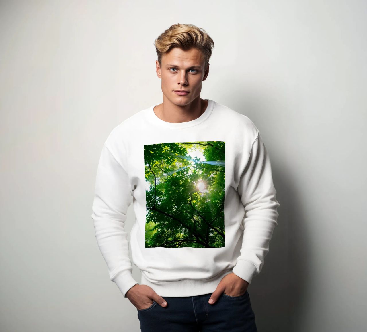 Sunlight filtering through dense green trees in calm sweatshirt by DesignDoodle