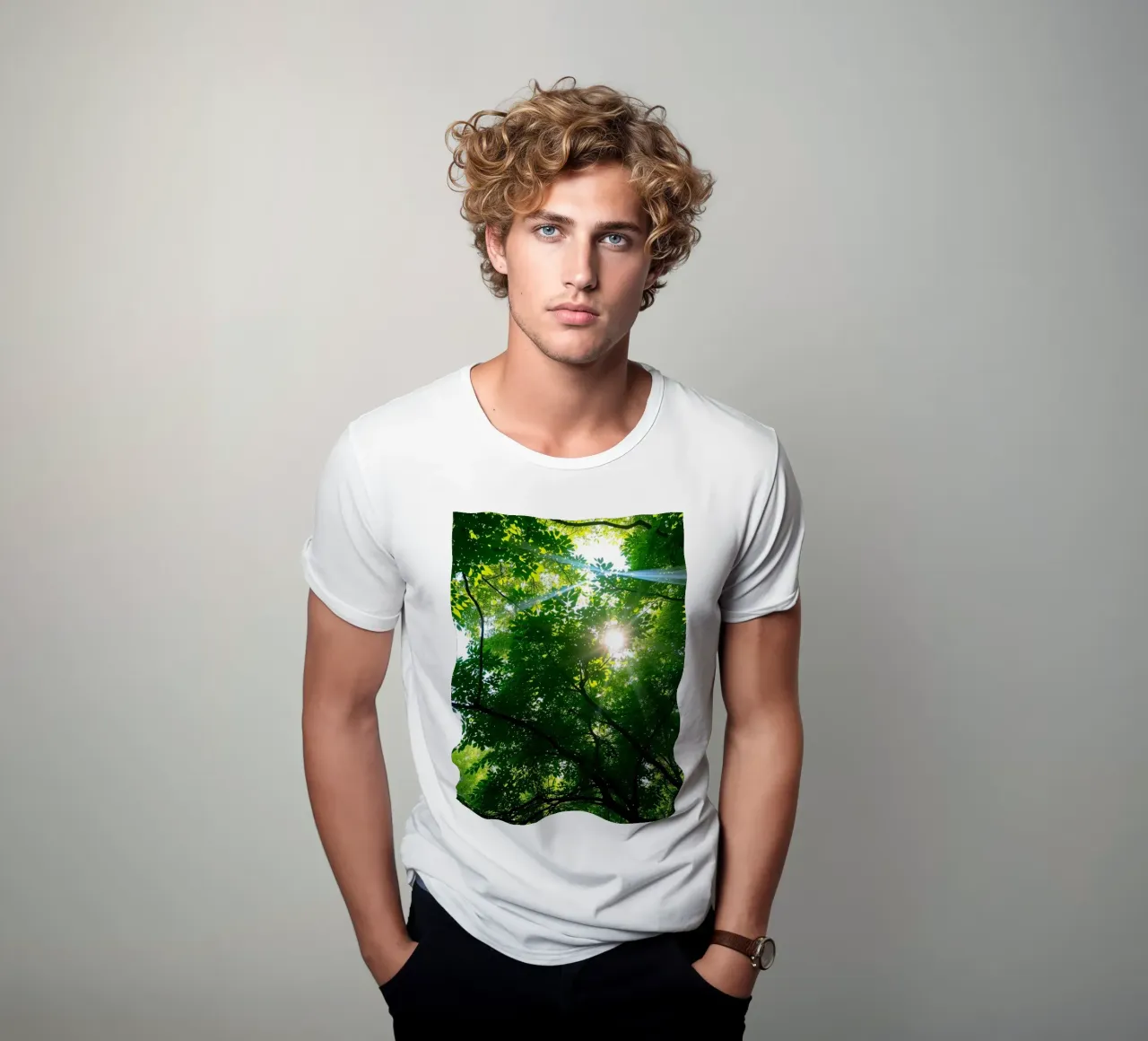 Sunlight filtering through dense green trees in calm t-shirt by DesignDoodle
