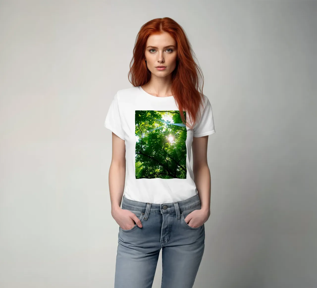 Sunlight filtering through dense green trees in calm t-shirt by DesignDoodle