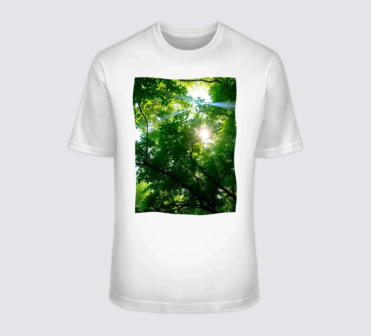 Sunlight filtering through dense green trees in calm t-shirt by DesignDoodle