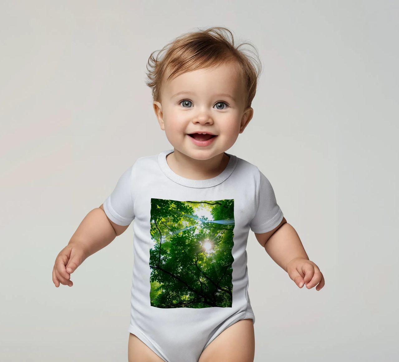 Sunlight filtering through dense green trees in calm short-sleeve baby romper by DesignDoodle