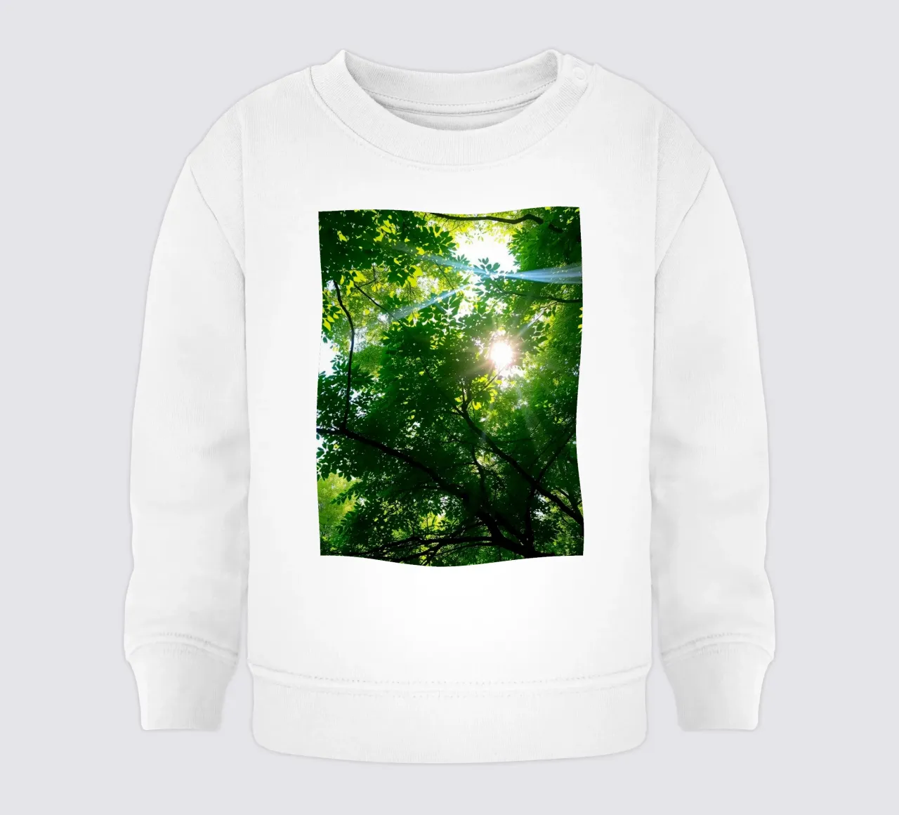 Sunlight filtering through dense green trees in calm baby sweatshirt by DesignDoodle