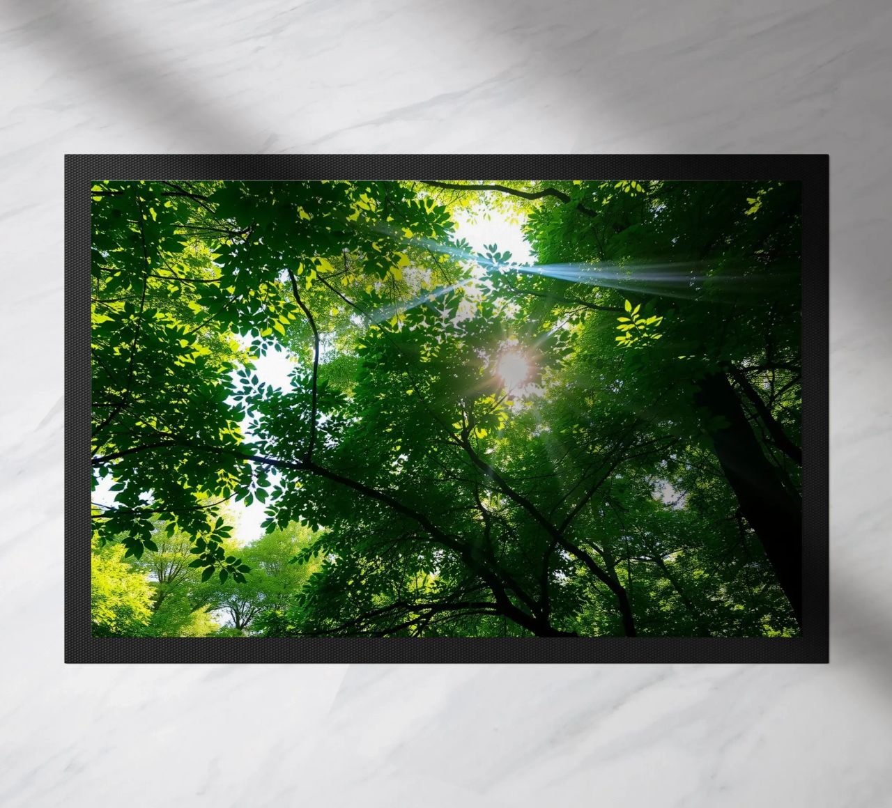 Sunlight filtering through dense green trees in calm doormat by DesignDoodle