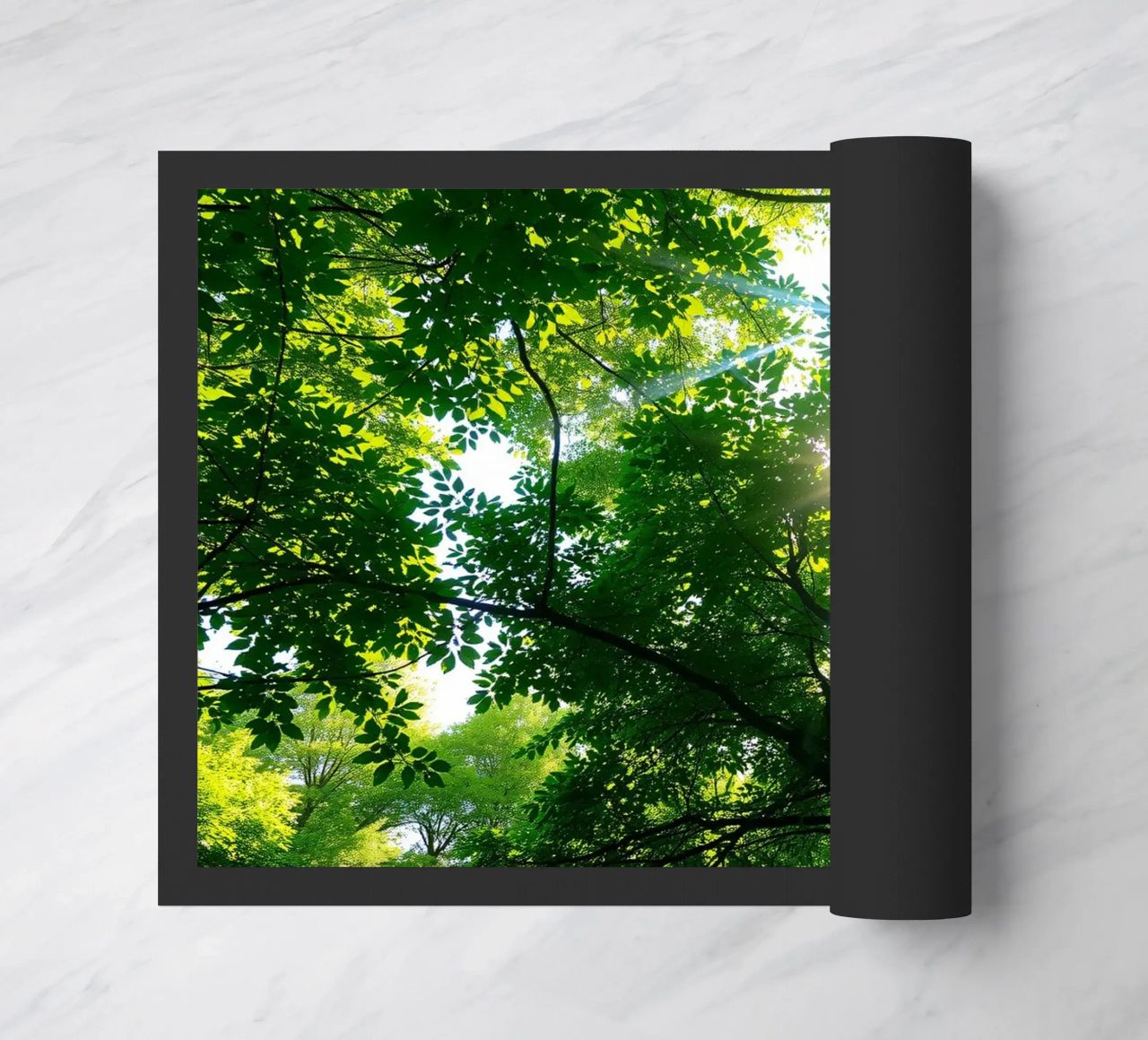 Sunlight filtering through dense green trees in calm doormat by DesignDoodle