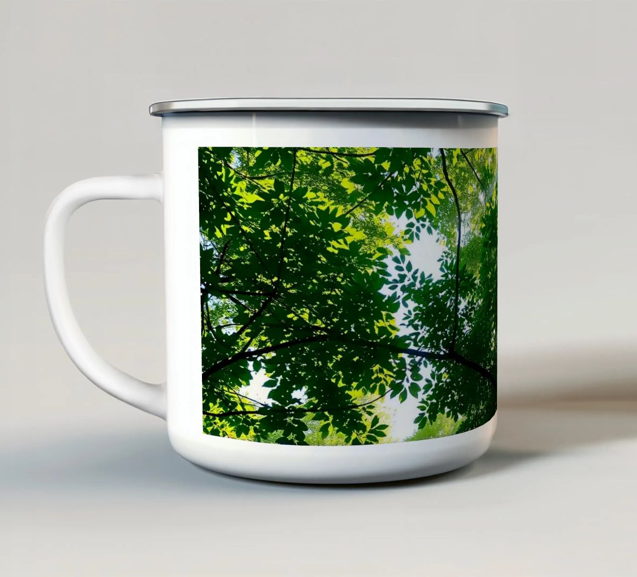 Sunlight filtering through dense green trees in calm enamel mug by DesignDoodle