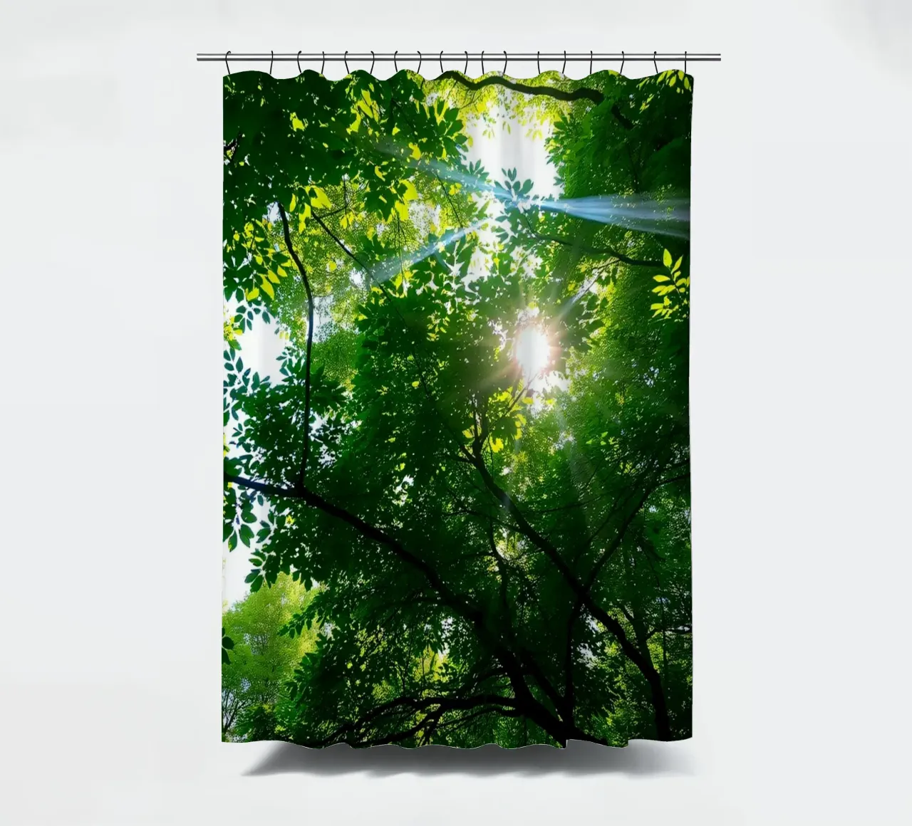 Sunlight filtering through dense green trees in calm shower curtain by DesignDoodle