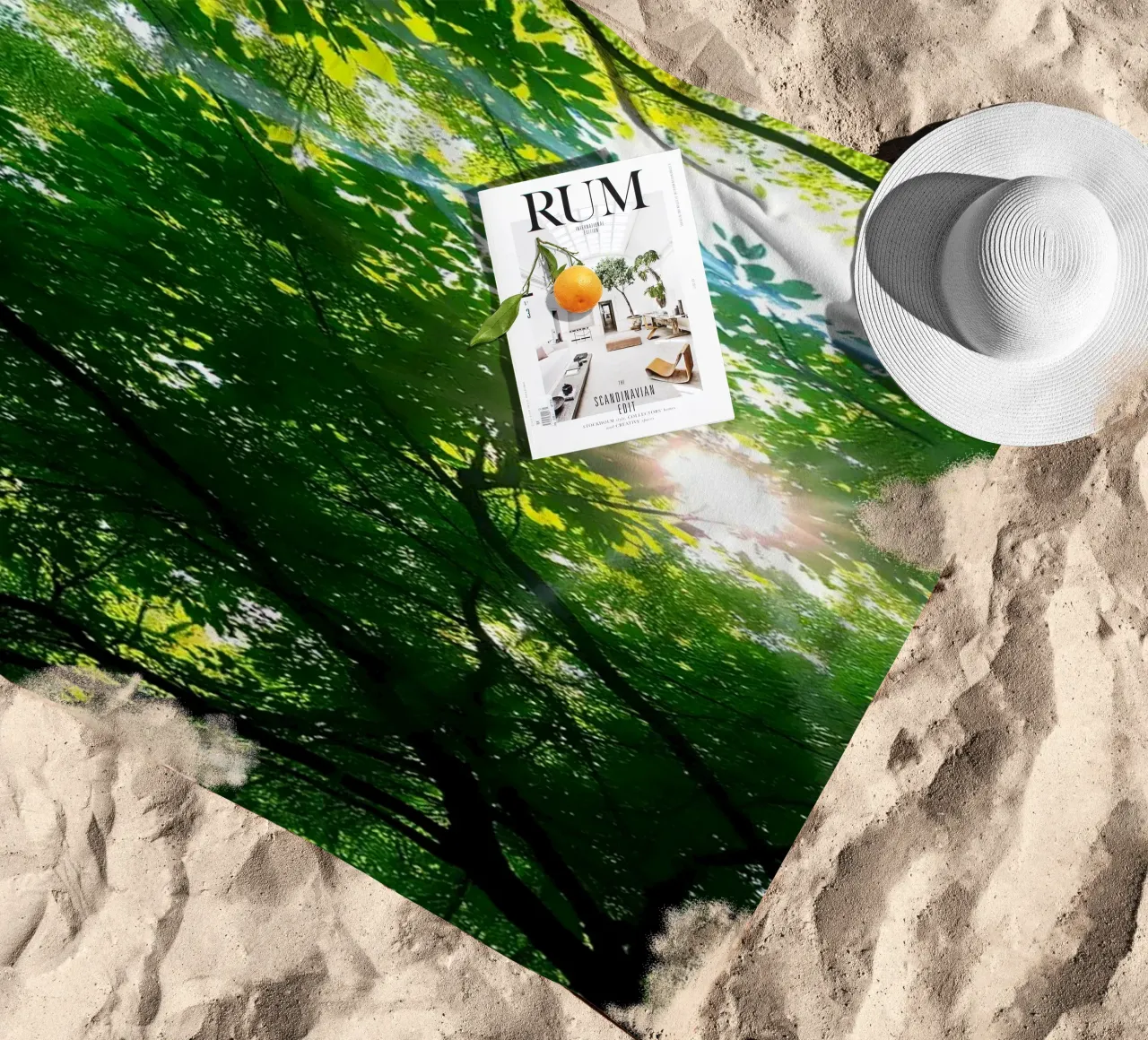 Sunlight filtering through dense green trees in calm beach towel by DesignDoodle