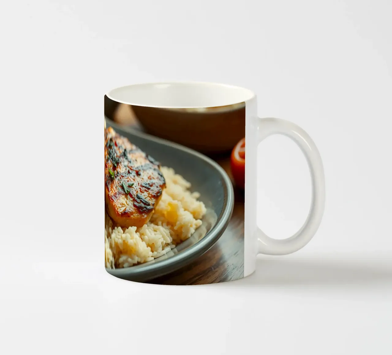 Pollo grigliato servito su un letto di riso condito con tazza in ceramica da DesignDoodle