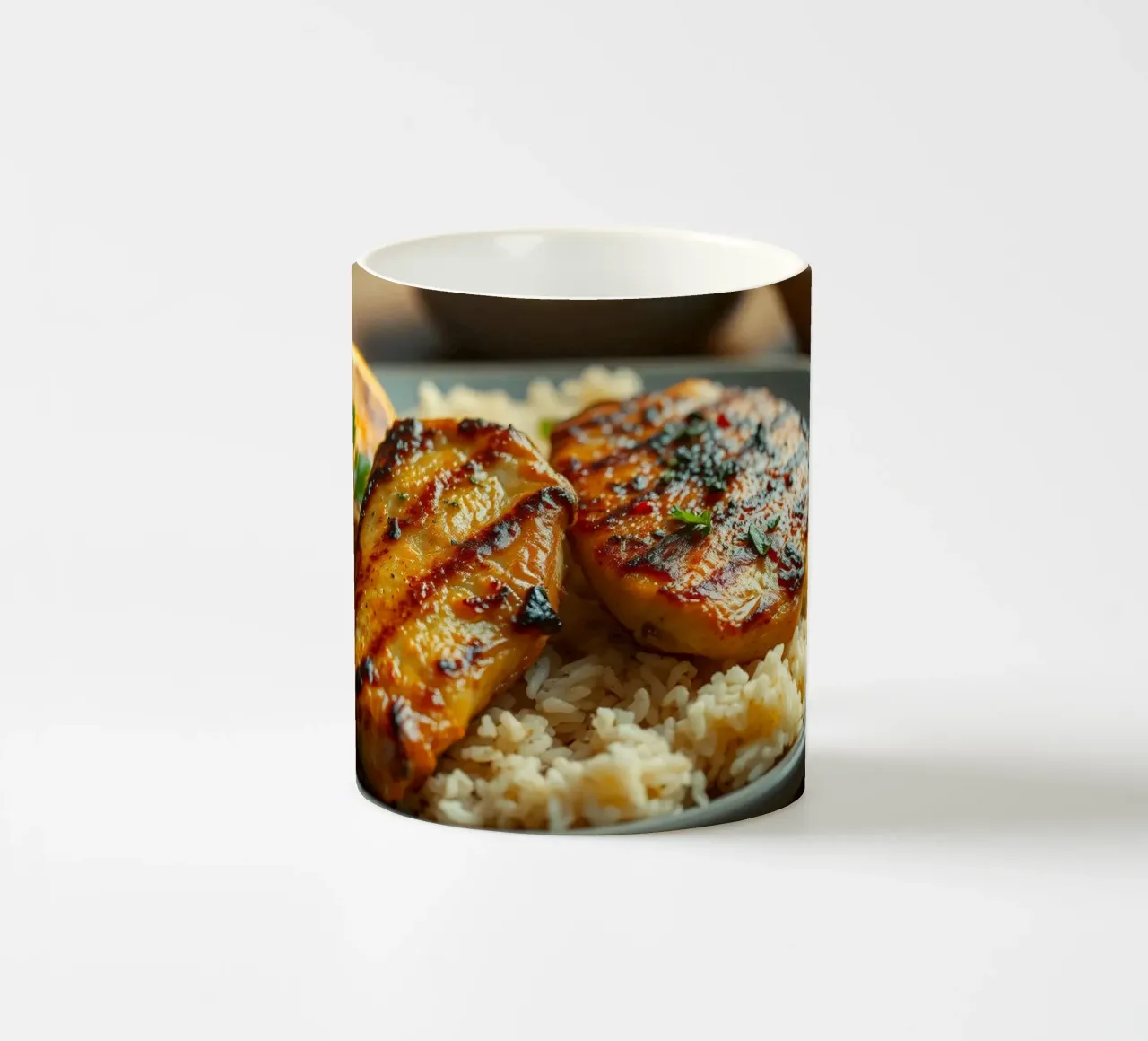 Pollo grigliato servito su un letto di riso condito con tazza in ceramica da DesignDoodle