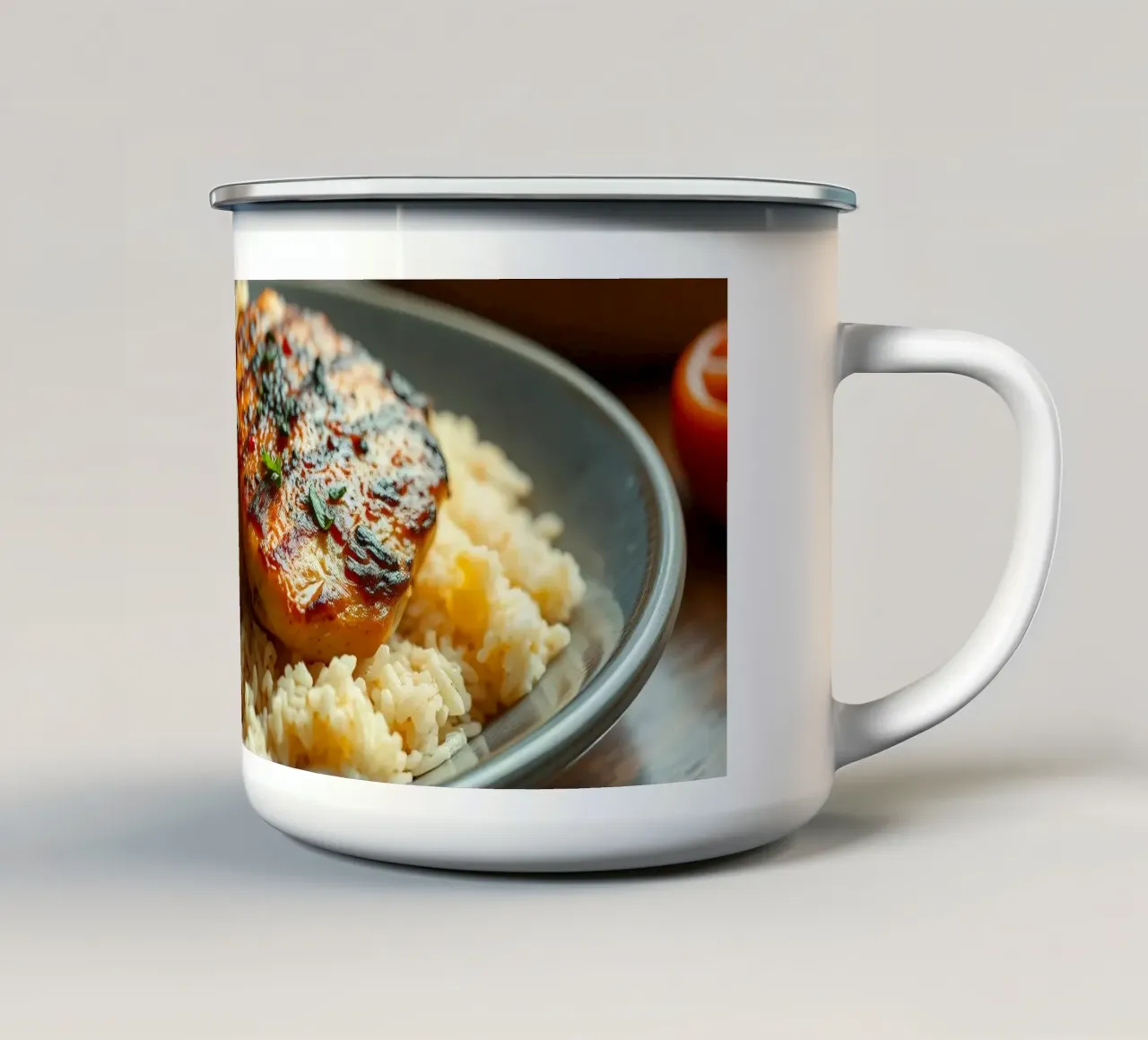 Pollo grigliato servito su un letto di riso condito con tazza in smalto da DesignDoodle