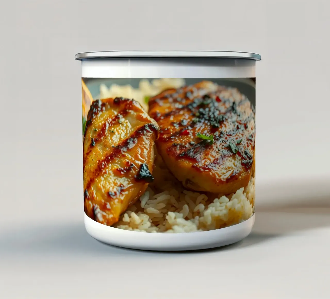 Pollo grigliato servito su un letto di riso condito con tazza in smalto da DesignDoodle
