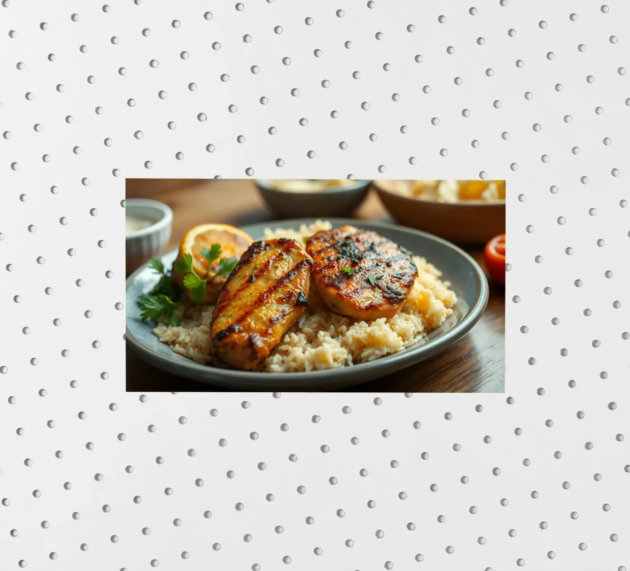Poulet grillé servi sur un lit de riz assaisonné avec du riz frais. autocollant de DesignDoodle
