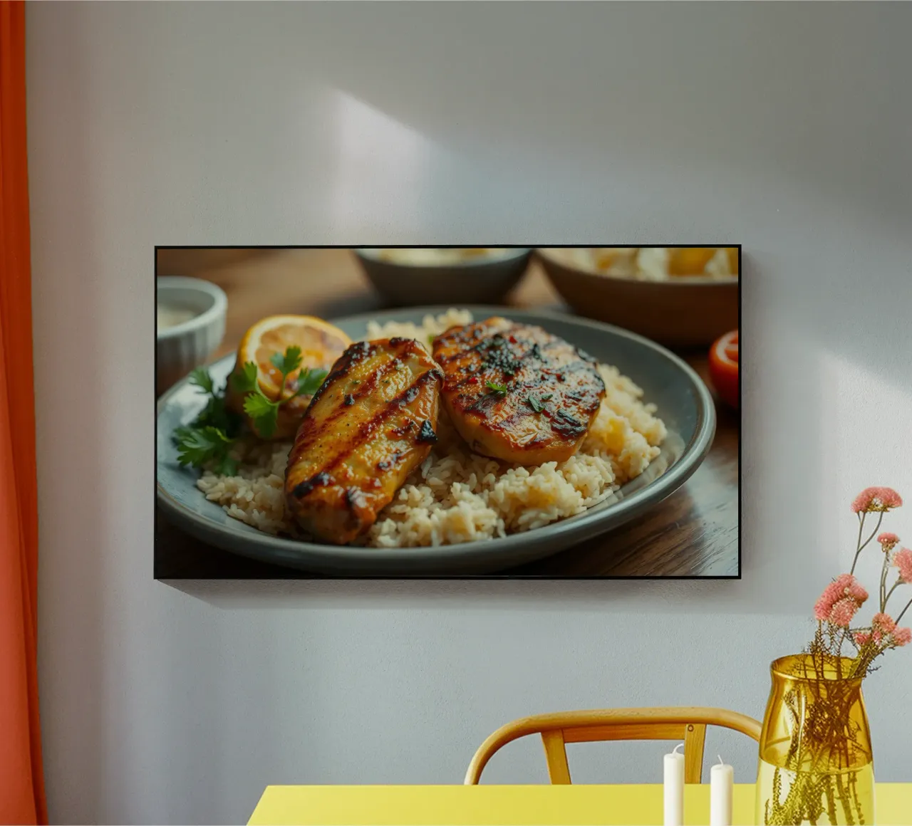 Grilled chicken served on a bed of seasoned rice with fresh acrylic glass by DesignDoodle