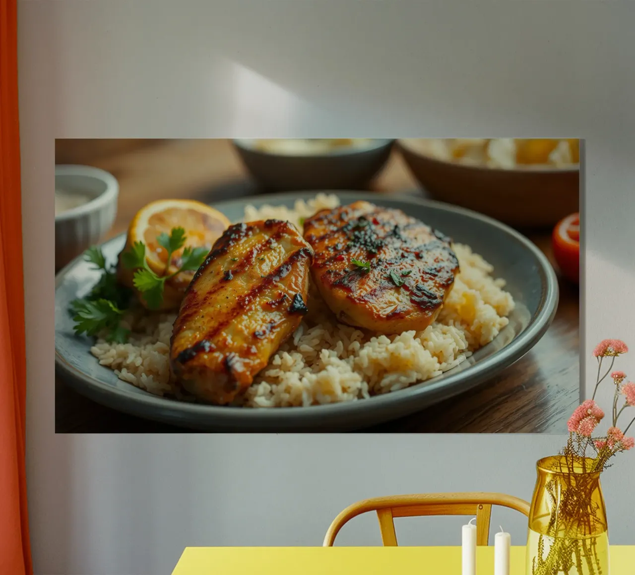 Grilled chicken served on a bed of seasoned rice with fresh acrylic glass by DesignDoodle