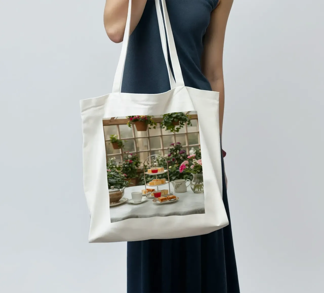 Il tè pomeridiano è servito in una serra circondata da fiori. borsa in juta da DesignDoodle