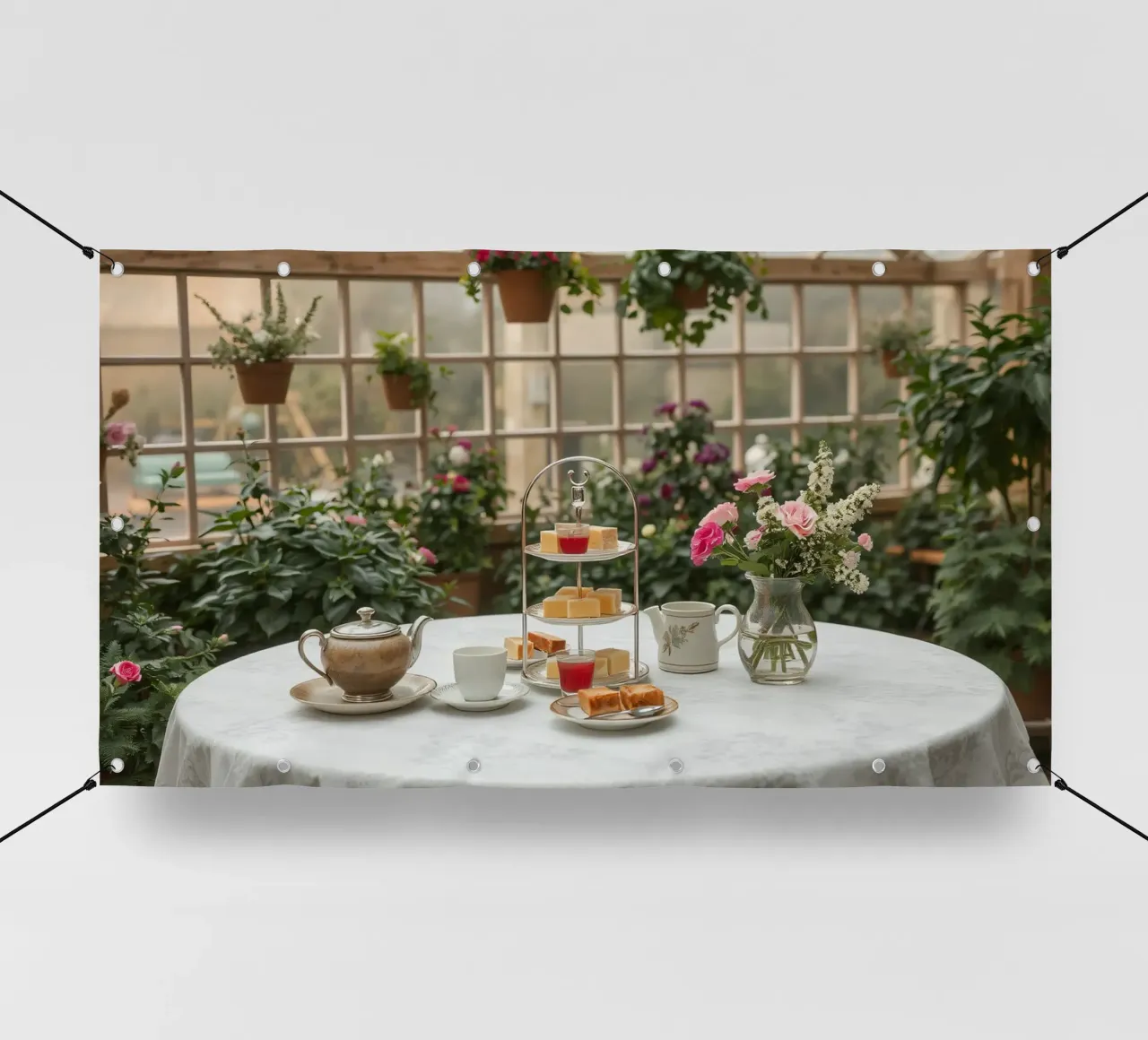 Il tè pomeridiano è servito in una serra circondata da fiori. telo in pvc da DesignDoodle